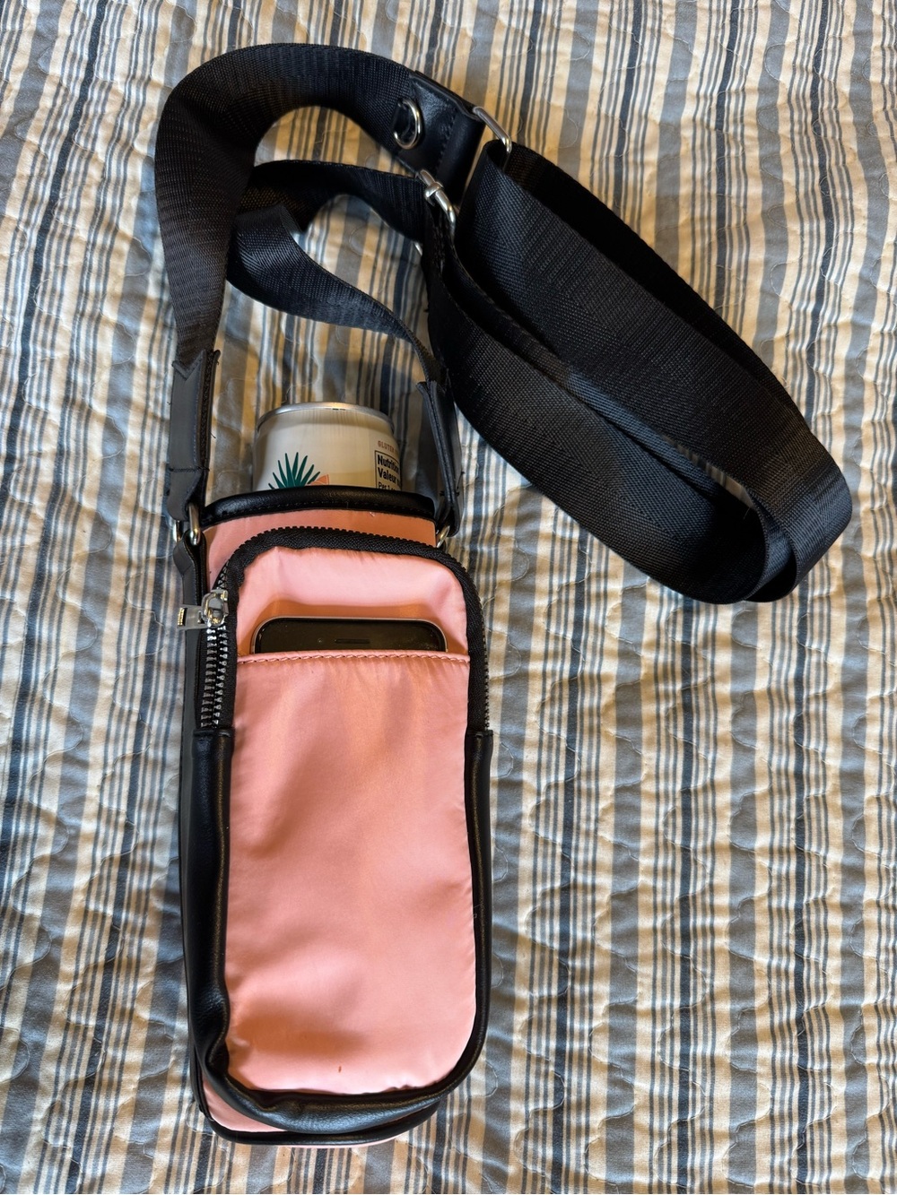 Pink Crossbody Phone & Bottle Pouch with Black Strap